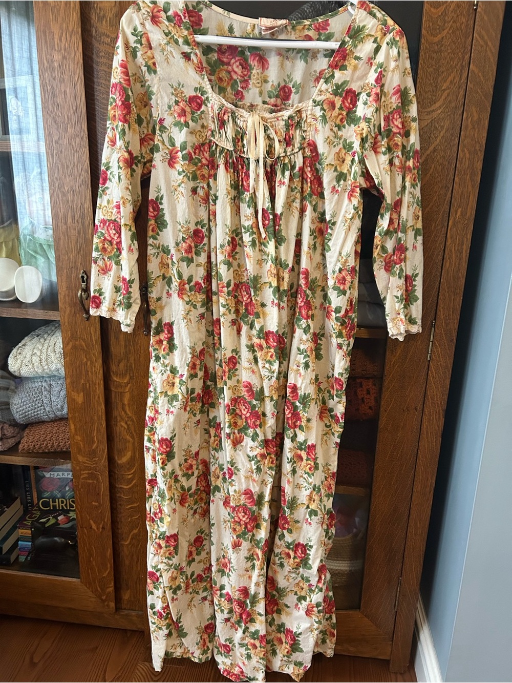 Vintage April Cornell Cream Floral Long Nightgown/ Housedress with Green Roses